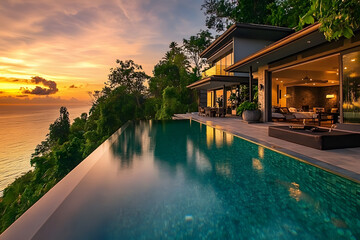 Obraz premium A modern luxury mansion with an infinity pool and sea view at sunset