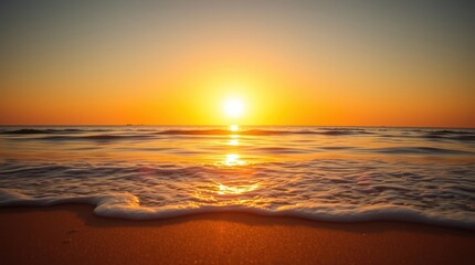 The golden light of the setting sun paints the sky with hues of orange and pink as it dips below the horizon, casting a mesmerizing reflection on the calm ocean waves that gently caress the sandy beac