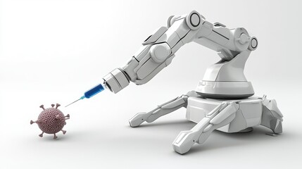 A robotic arm injects a syringe into a virus model, illustrating advanced technology in medical applications and vaccine delivery.