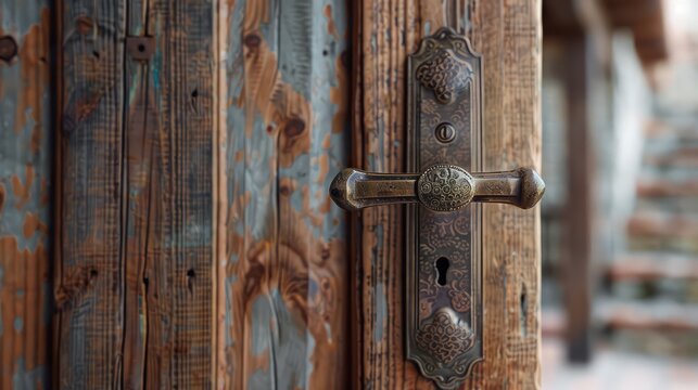 A rustic bronze door handle adds a touch of vintage charm to a wooden door, enhancing the rustic elegance and natural beauty of the room's decor.