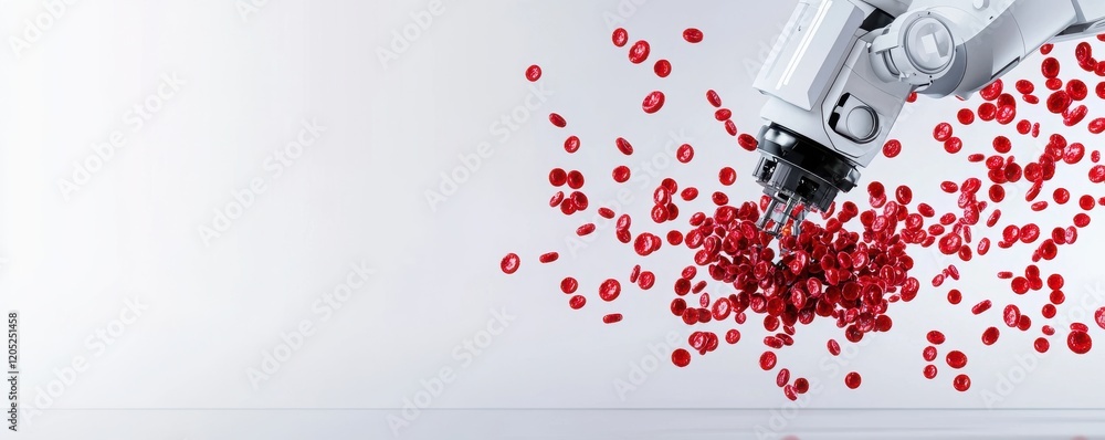 Poster a robotic arm disperses red particles against a minimalist white background, symbolizing technology 