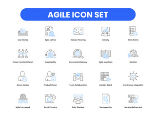 Agile management icon set. Includes agile framework, sprint planning, daily standup, retrospective, backlog refinement, and tools for team collaboration.