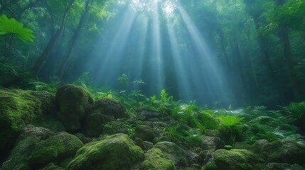 Obraz premium Sunbeams in lush forest, mossy rocks, tranquility