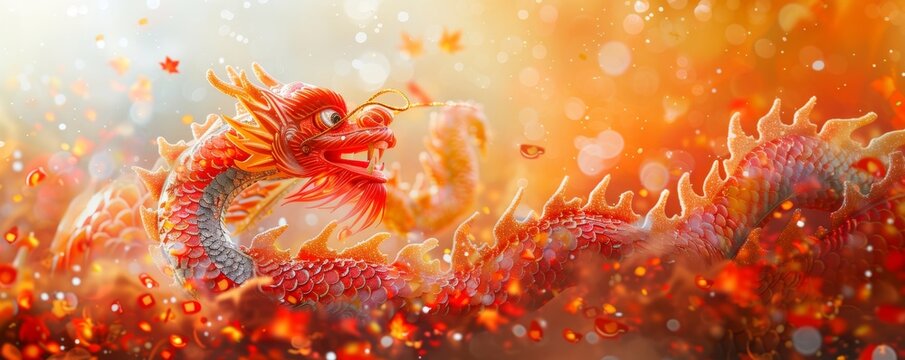 Red dragon with orange scales and a black tail