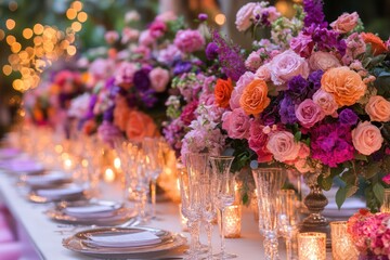 Glamorous wedding reception with opulent floral arrangements, luxurious table settings, and sophisticated decor.
