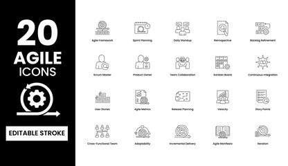 Agile workflow icon set. Agile framework, sprint planning, daily standup, retrospective, backlog refinement, and tools for effective project management. Vector icon set.