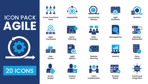 Agile icon pack for project management. Includes agile framework, sprint planning, retrospective, backlog refinement, and collaboration tools.