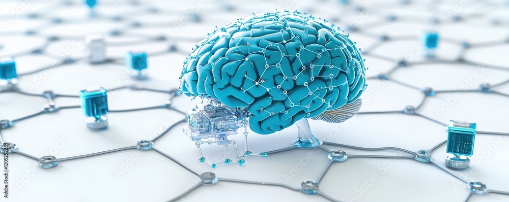 Poster a detailed, futuristic representation of a blue brain on a network-like structure, symbolizing techn