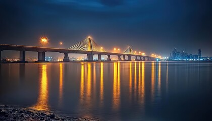 Fototapeta premium A stunning photograph of the Shenzhen Haitong Bridge, illuminated under dramatic lighting at night with city lights in the background.