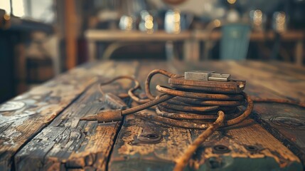 A rustic extension cord in bronze adds a touch of vintage charm to a wooden table, its weathered appearance and sturdy build enhancing the rustic appeal and warmth of the room's decor.