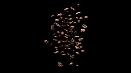 Dynamic coffee beans falling in slow motion with steam and a cozy, dark setting