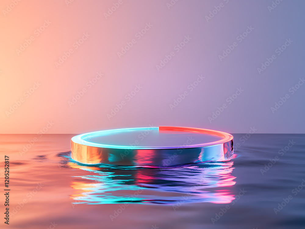 Poster dynamic colorful circular platform in water abstract digital art minimalist setting serene atmospher