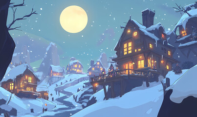 Illustration of a cozy winter village, with a moon in the sky, houses with lights, and a snow-covered landscape