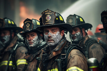 Obraz premium Firefighters standing together with determination during a challenging emergency response in a smoky environment