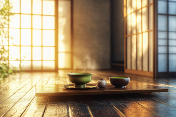 Tranquil tea house interior features steaming cups at sunset in a serene traditional setting