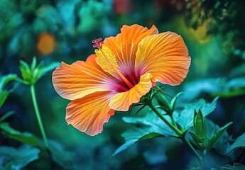 Fototapeta premium A vibrant orange hibiscus flower, beautifully blooming in the lush green garden of an exotic island.