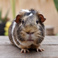 A photo of a guinea pig with a fluffy coat. The guinea pig is sitting on a wooden surface, with its ears perked up, and its eyes wide open. The background is blurred and contains greenery.