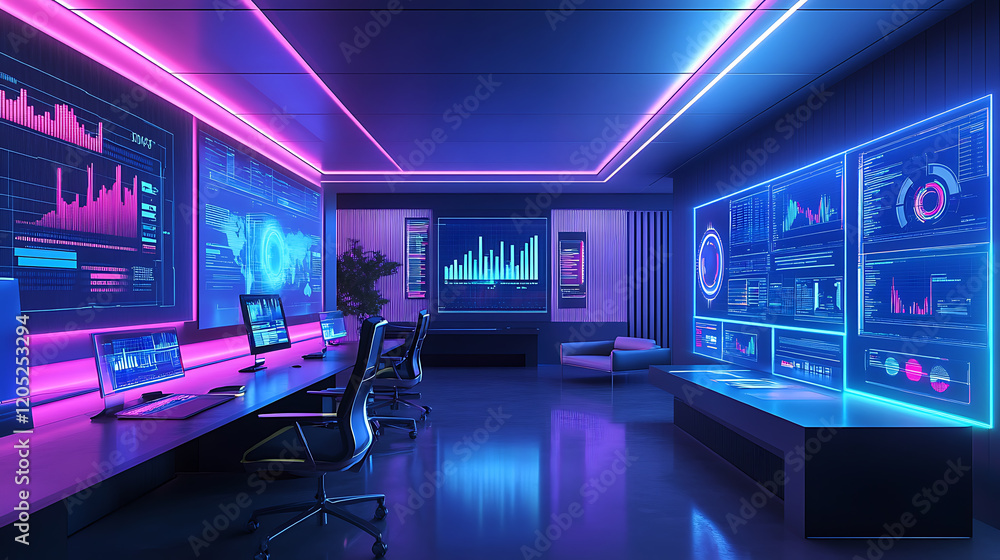 Poster data analysis in a high-tech control room modern office digital display futuristic environment wide 