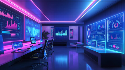 Fototapeta premium Data analysis in a high-tech control room modern office digital display futuristic environment wide angle technology insights