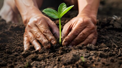 Two hands of the men were holding seedling to be planted