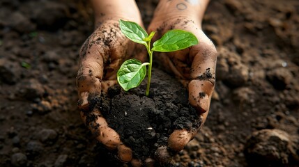 Two hands of the men were holding seedling to be planted