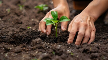 Two hands of the men were holding seedling to be planted