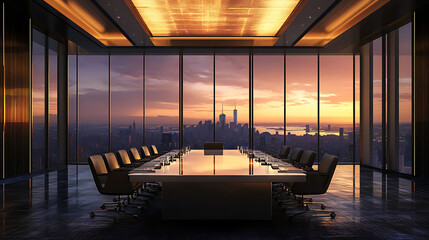 Executive meeting at sunset over city skyline modern boardroom corporate environment urban viewpoint