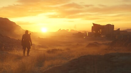 Fototapeta premium The warm glow of sunset casting a golden hue over the desert sands
