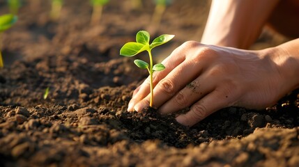 Two hands of the men were holding seedling to be planted