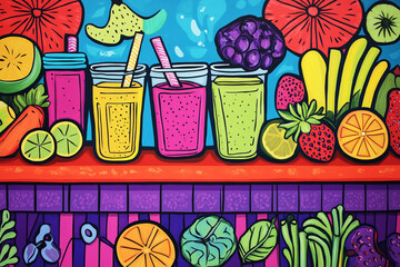 Colorful smoothie bar with fresh ingredients and vibrant fruit displays in a lively atmosphere
