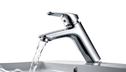  Modern chrome faucet with flowing water and splashing drops PNG Image
