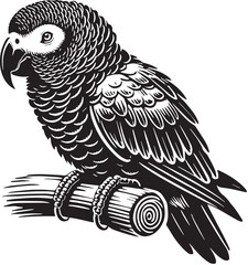 Black Color African Grey Parrot Silhouette Vector Illustration, Solid White Background. minimal vector design