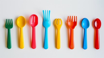 A set of colorful anti-choke feeding utensils for toddlers, neatly placed on a white surface.
