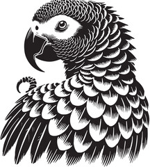 Black Color African Grey Parrot Silhouette Vector Illustration, Solid White Background. minimal vector design