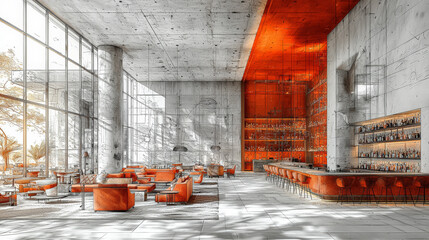 A captivating image that transitions effortlessly from a vibrant color photograph of a sleek modern bar room to a meticulously detailed pencil sketch.