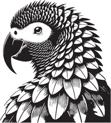 Black Color African Grey Parrot Silhouette Vector Illustration, Solid White Background. minimal vector design