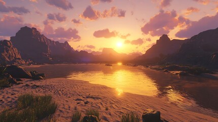 A peaceful desert with glowing golden sands as the sun sets