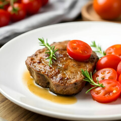 Juicy pork steak with rosemary and tomatoes on a white plate