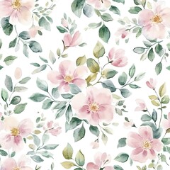  A seamless pattern of watercolor floral designs, in soft pinks and greens, with delicate leaves and flowers scattered across a white background.