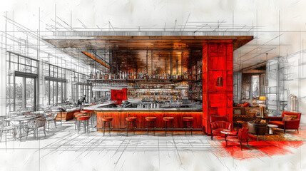A captivating image that transitions effortlessly from a vibrant color photograph of a sleek modern bar room to a meticulously detailed pencil sketch.