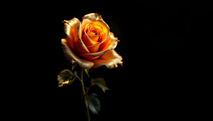 An elegant black background featuring a single golden rose with intricate metallic details, glowing softly against the dark backdrop