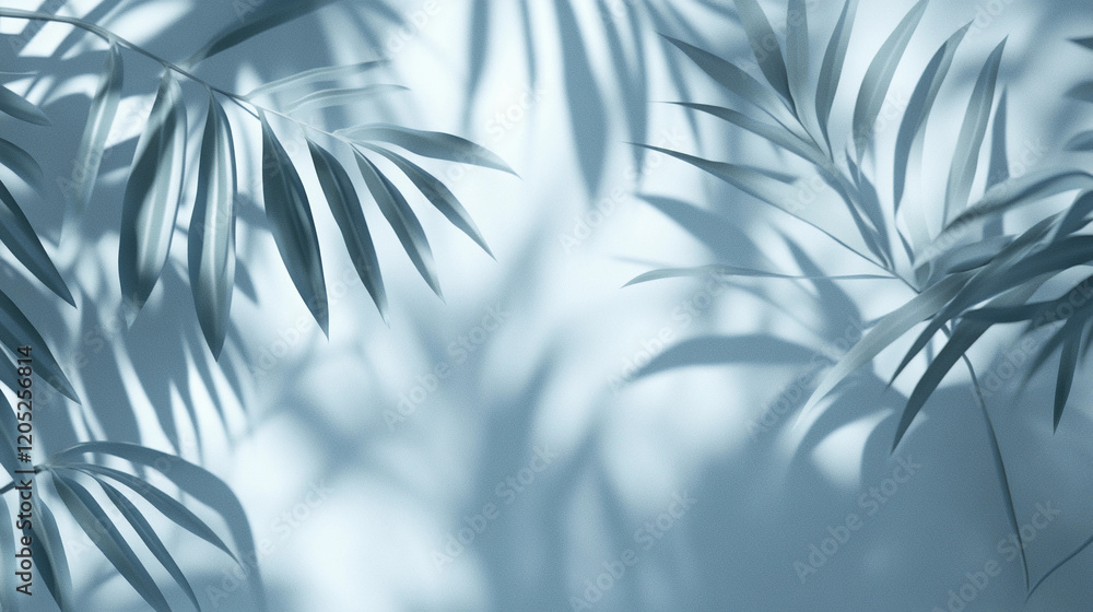 Poster shadows of palm leaves create patterns on a light background. generative ai