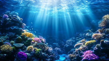 Obraz premium Underwater Scene with Sunbeams Illuminating Vibrant Coral Reef