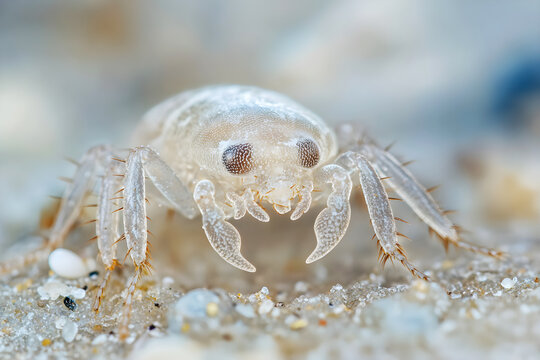 Detailed close-up view of a tiny sand flea on a beach revealing its intricate features and natural habitat