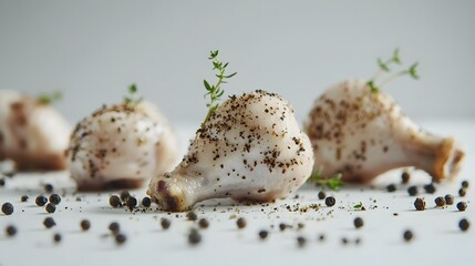Fresh raw chicken drumsticks seasoned with thyme and spices.