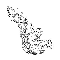 Water flow, splashes bubbles waves with dew drops. Liquid pouring motion, clear wet flowing spray ripples. Vector illustration hand drawn in ink, single object isolated on white. Fresh and pure image