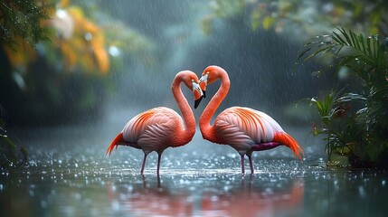 two elegant flamingos stand close together near a serene pond, their necks forming a loose heart shape.