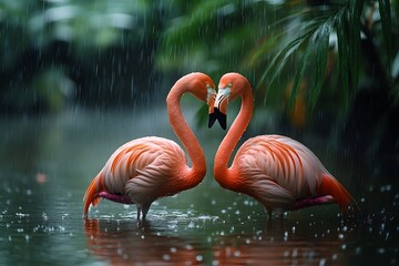two elegant flamingos stand close together near a serene pond, their necks forming a loose heart shape.
