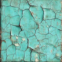 Obraz premium Cracked Turquoise Paint Texture: A Detailed Look at Aged Surface with Deep Cracks and Flaking, Showing Time's Effects on a Painted Surface.