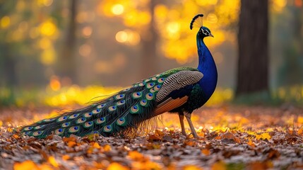 Majestic peacock displaying vibrant plumage in a serene autumn forest with colorful foliage © aritha